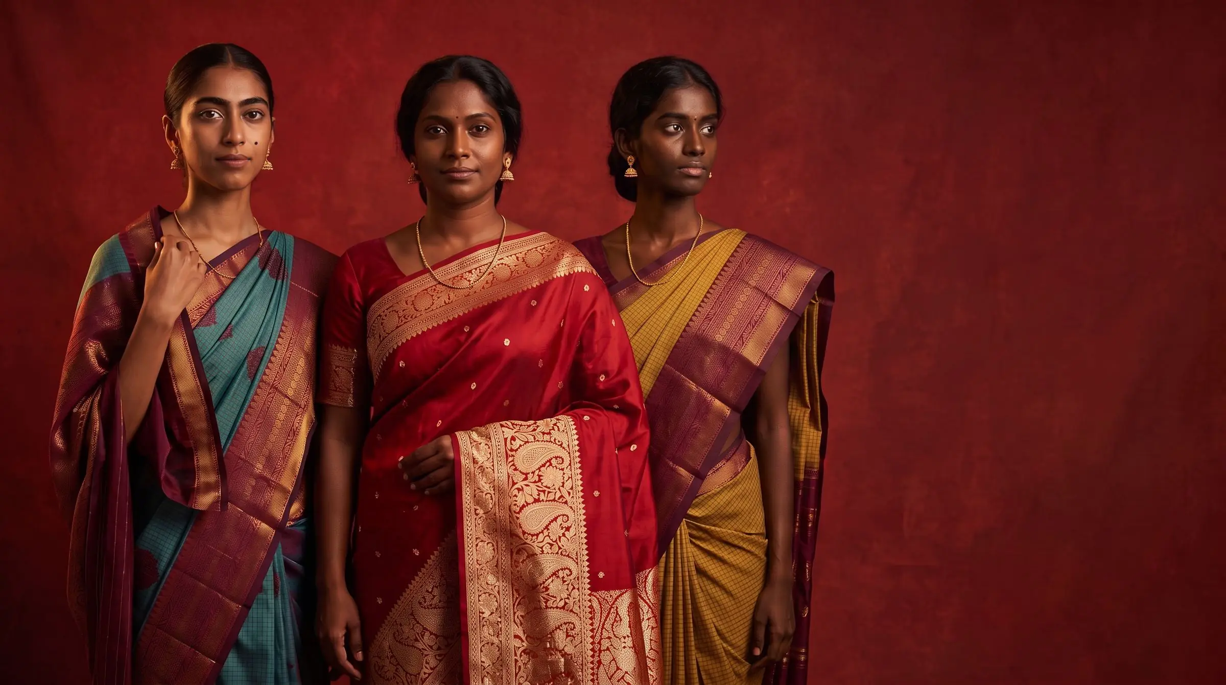 Three women of light, medium and deep skin tones wearing teal, red and mustard silk sarees against a deep red backdrop
