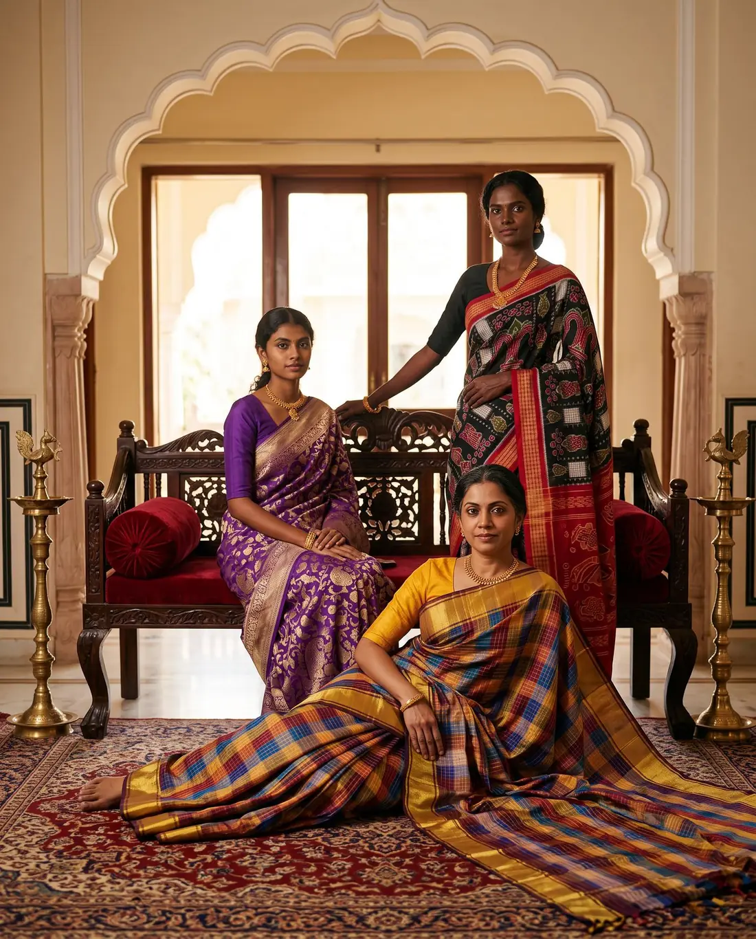 Three women in Banarasi, Sambalpuri and checked silk sarees in a heritage interior