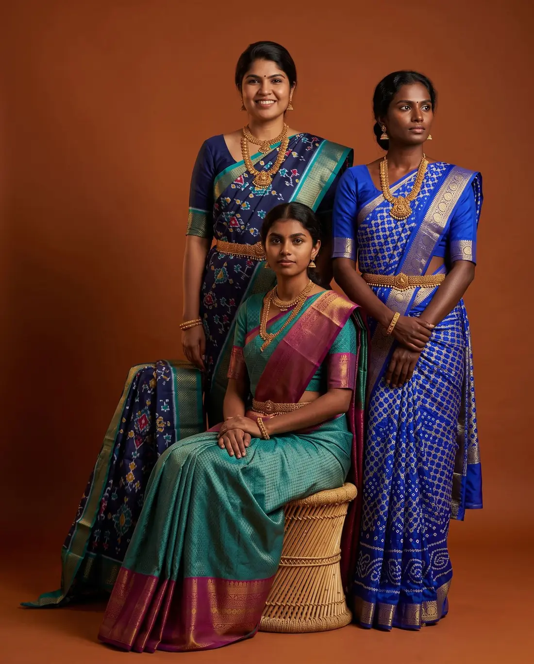 Three women in ikat, teal silk and blue bandhani sarees posed together on a burnt-ochre backdrop