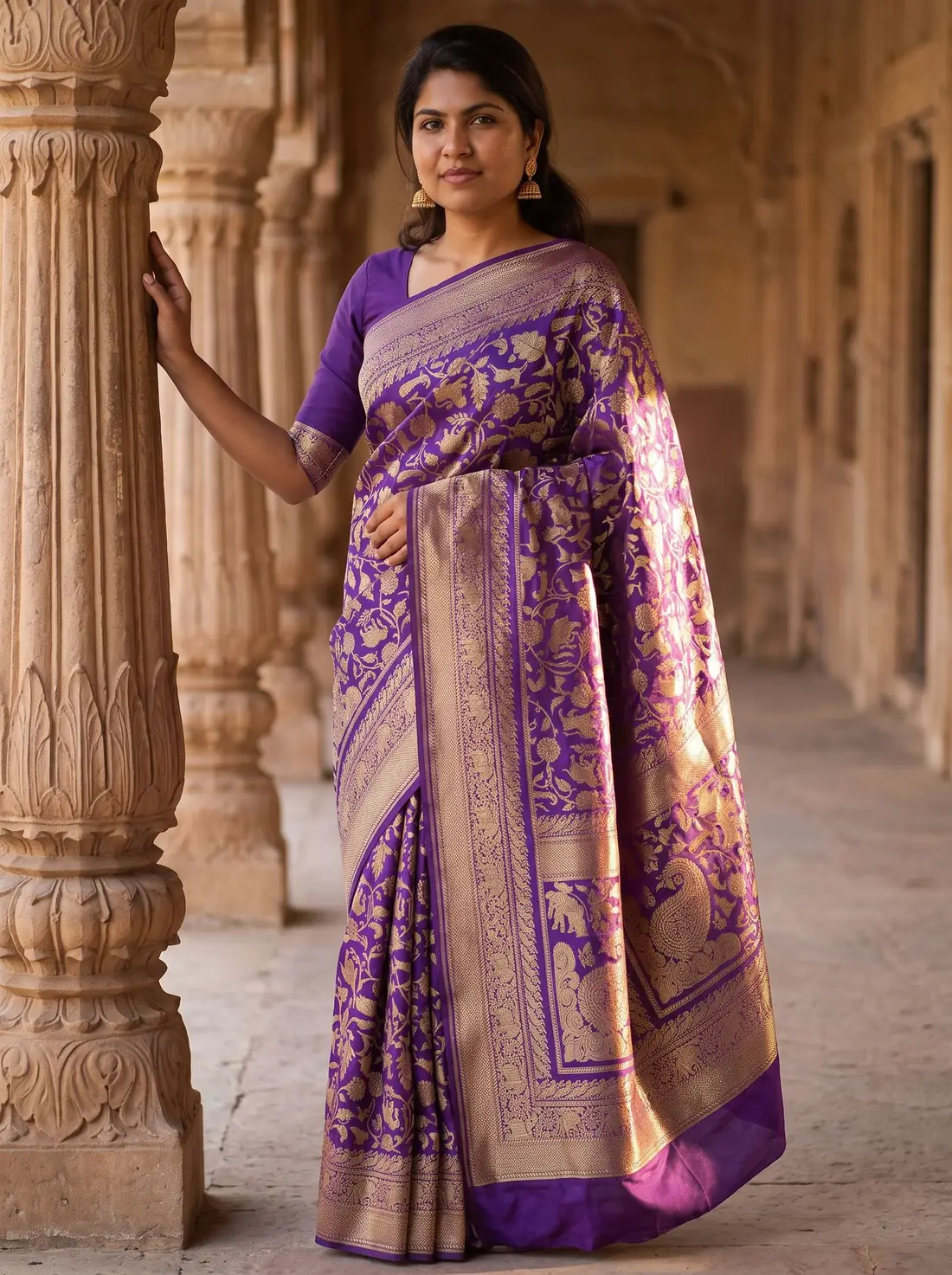 Woman in a purple Banarasi brocade saree beside a carved sandstone pillar