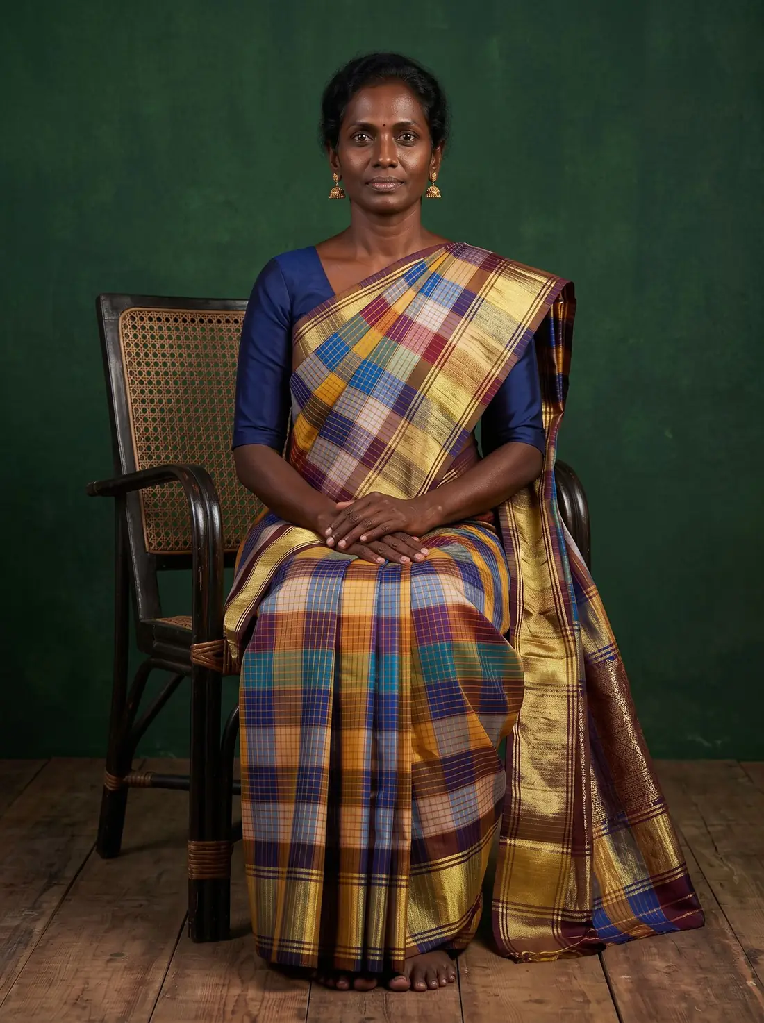 Older deep-skinned woman in a checked silk saree seated on a cane chair against a green wall