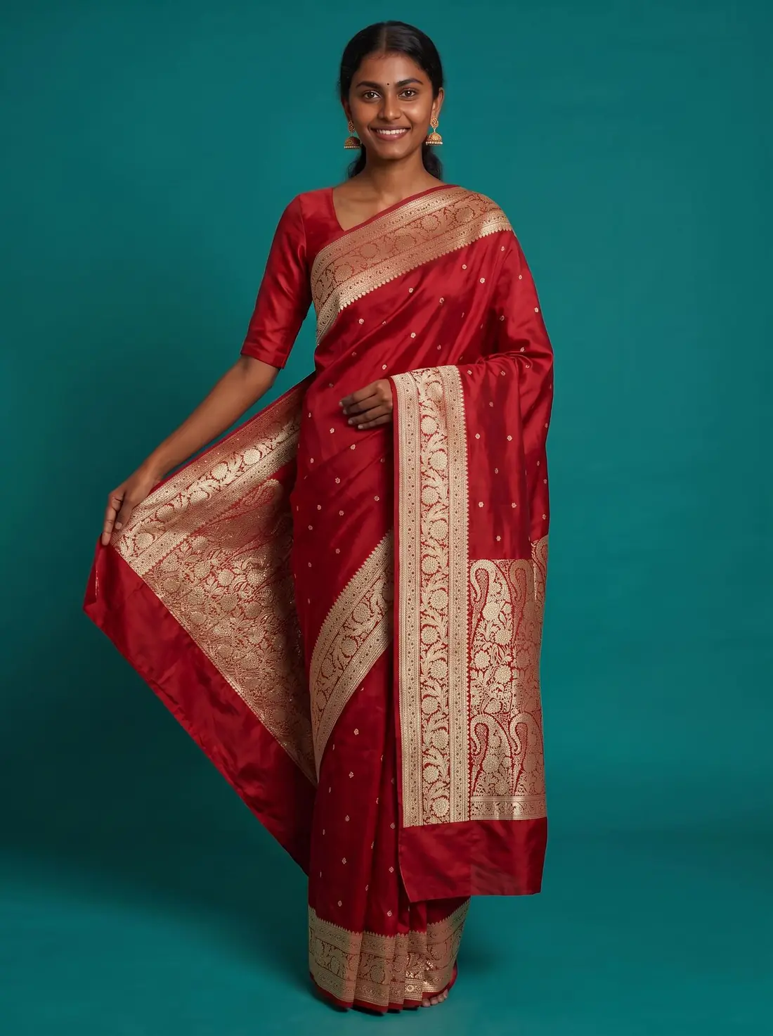Woman holding out the gold paisley pallu of a red Banarasi saree on a teal backdrop