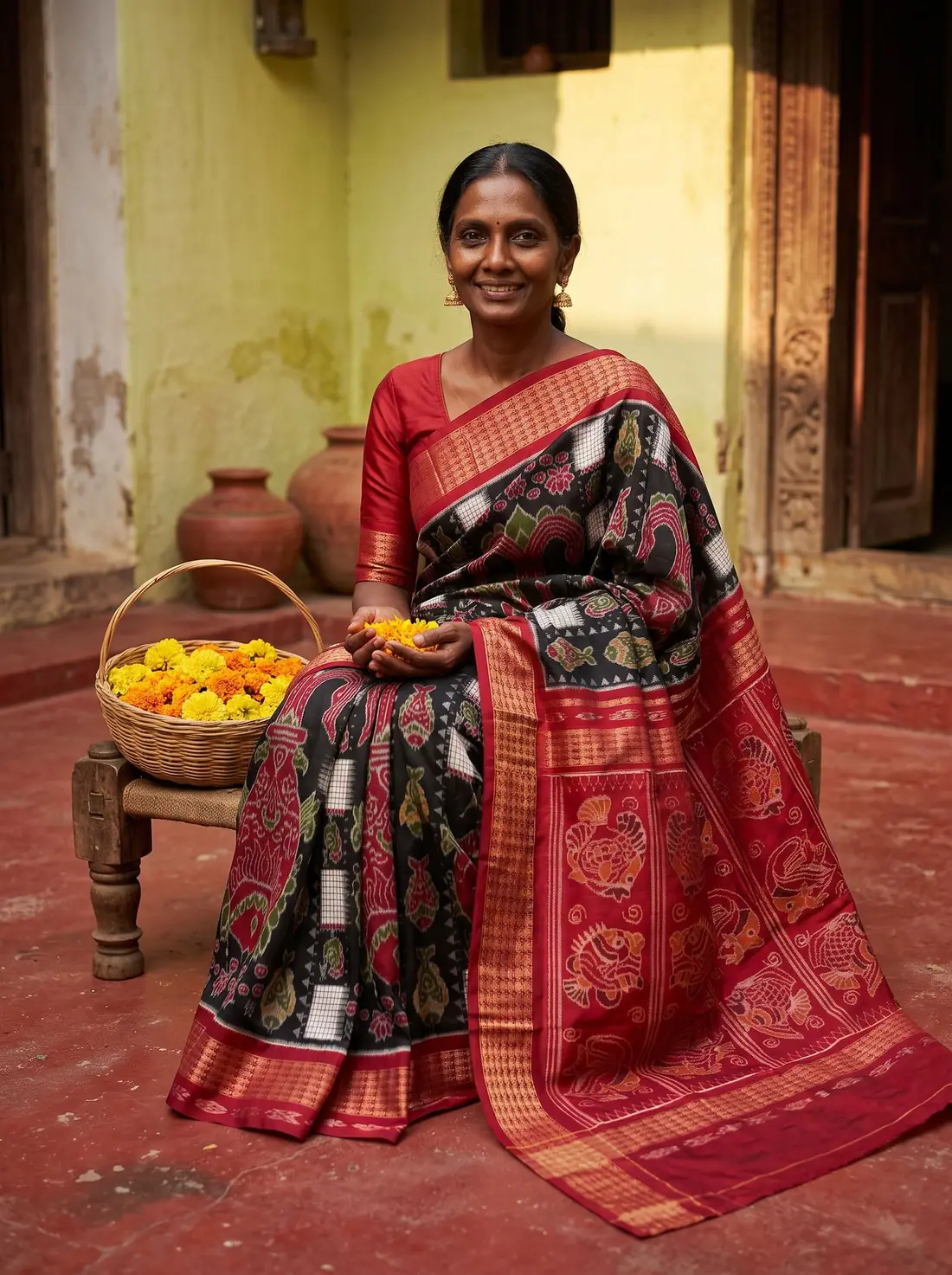 Older woman in a red Sambalpuri saree seated beside a basket of marigolds