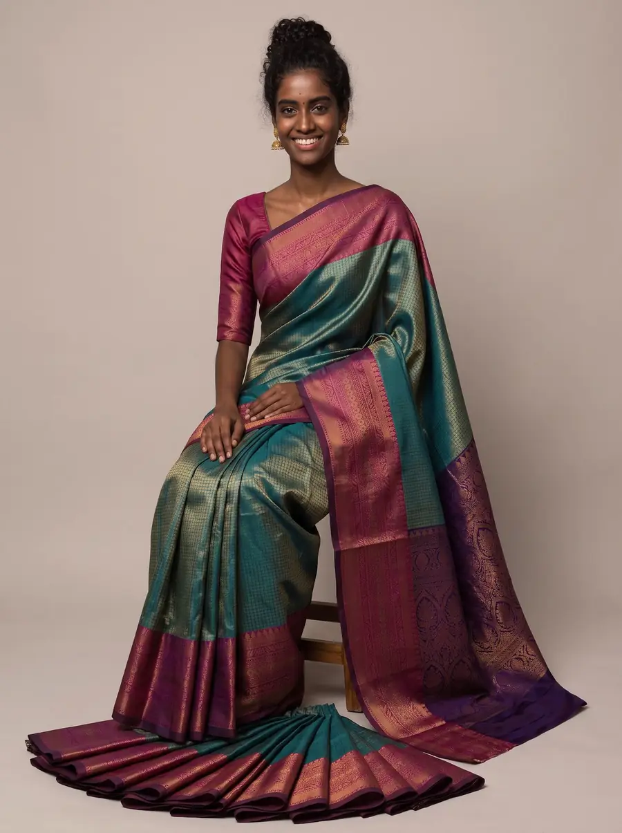 Seated with pleats arranged at her feet